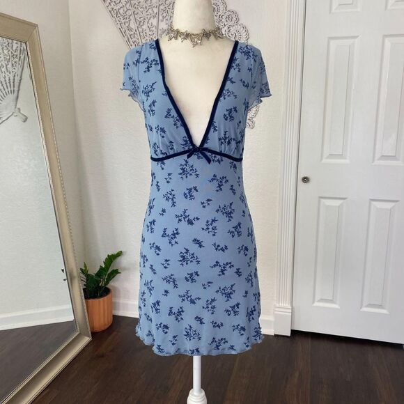 Motel Light Dark Blue Whimsygoth Crushed Velvet Floral Mini Mesh Dress S - Picture 6 of 7